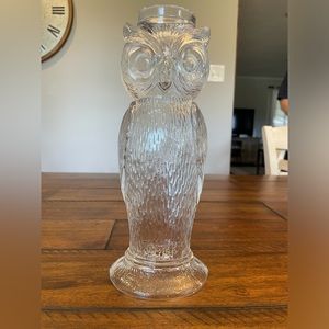 Vintage MCM Clear Glass Figural Owl Candle Holder  11" Art Glass